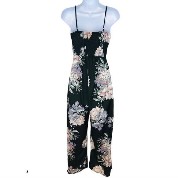 Band of Gypsies Black Floral Jumpsuit with Pockets wide leg - Picture 10 of 11